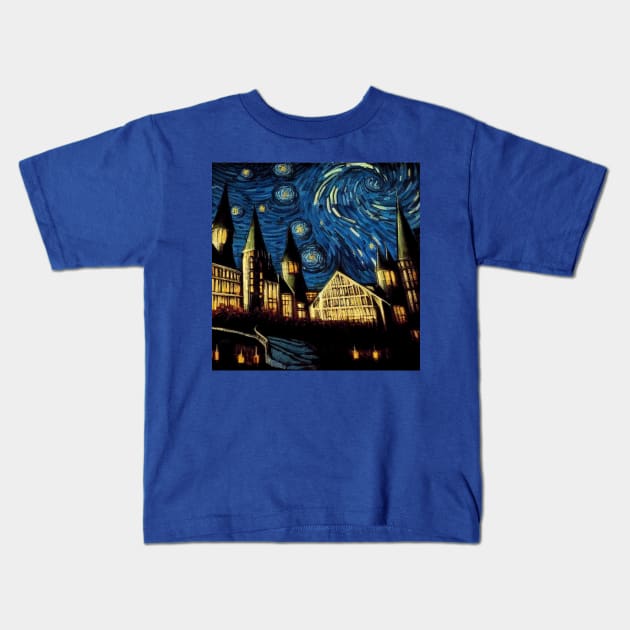 Starry Night Wizarding School Van Gogh Kids T-Shirt by Grassroots Green